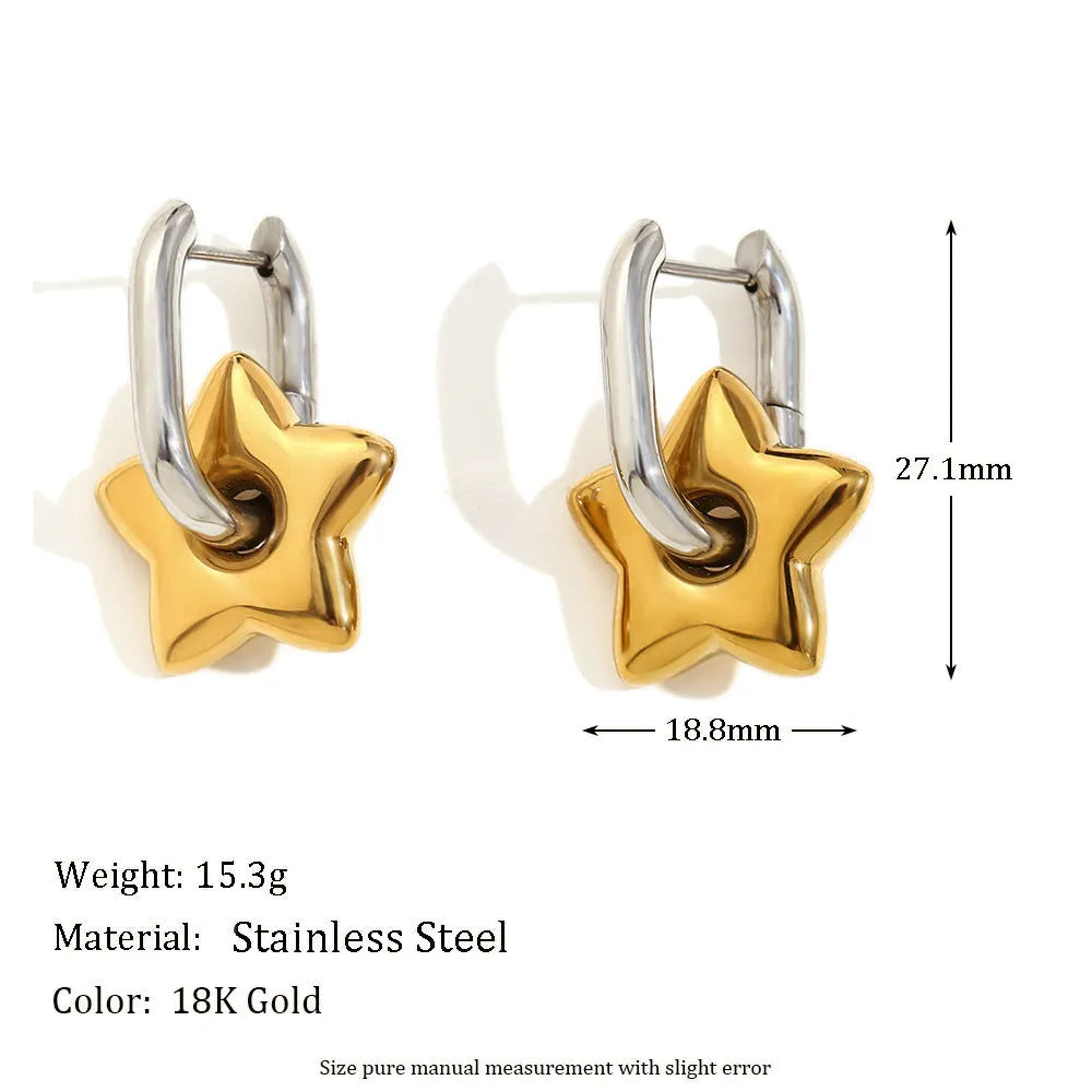Gold electroplated stainless steel earrings, necklace, and bracelet set with geometric shapes and round ring elements