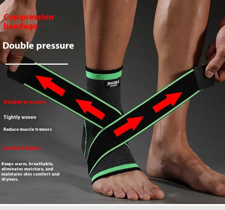 A black sports ankle support brace shown on an ankle, suitable for running and basketball.