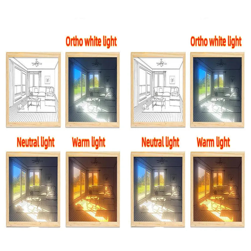 LED illuminated decorative picture light on a table showing a scenic landscape image glowing from within.