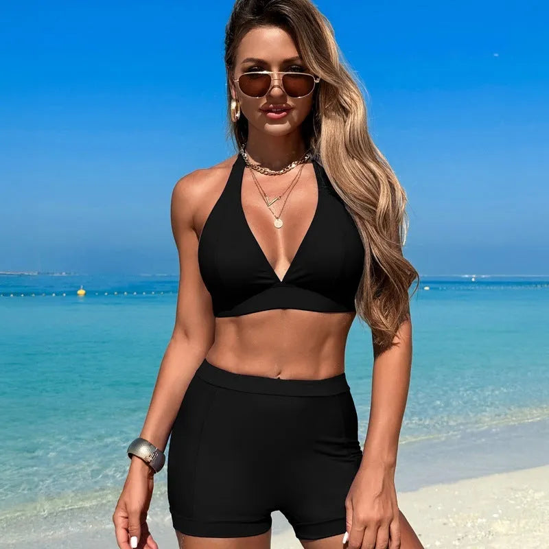 Women's two-piece bikini swimsuit in nylon with polyester lining, colours black pink purplish blue sapphire blue