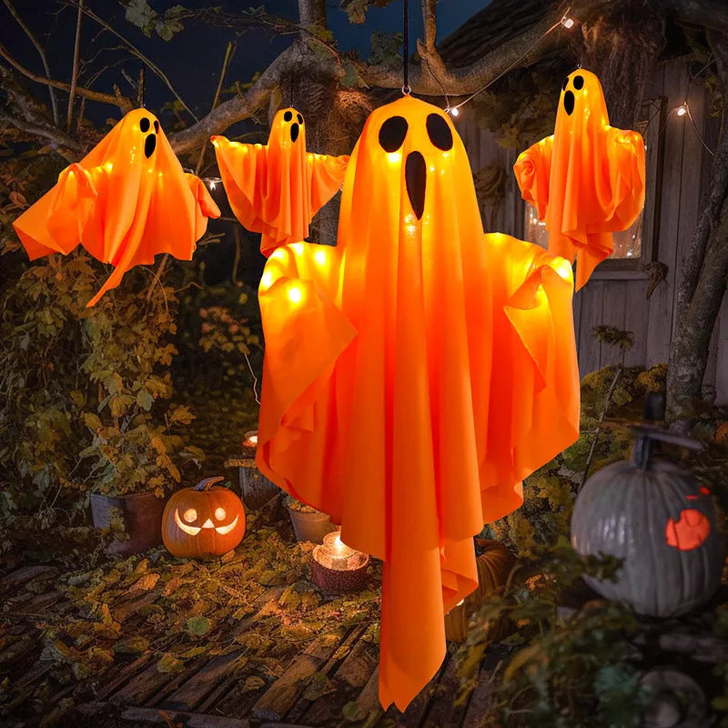 White ghost scream Halloween ambience light with cloth construction and 4.5V button electronics