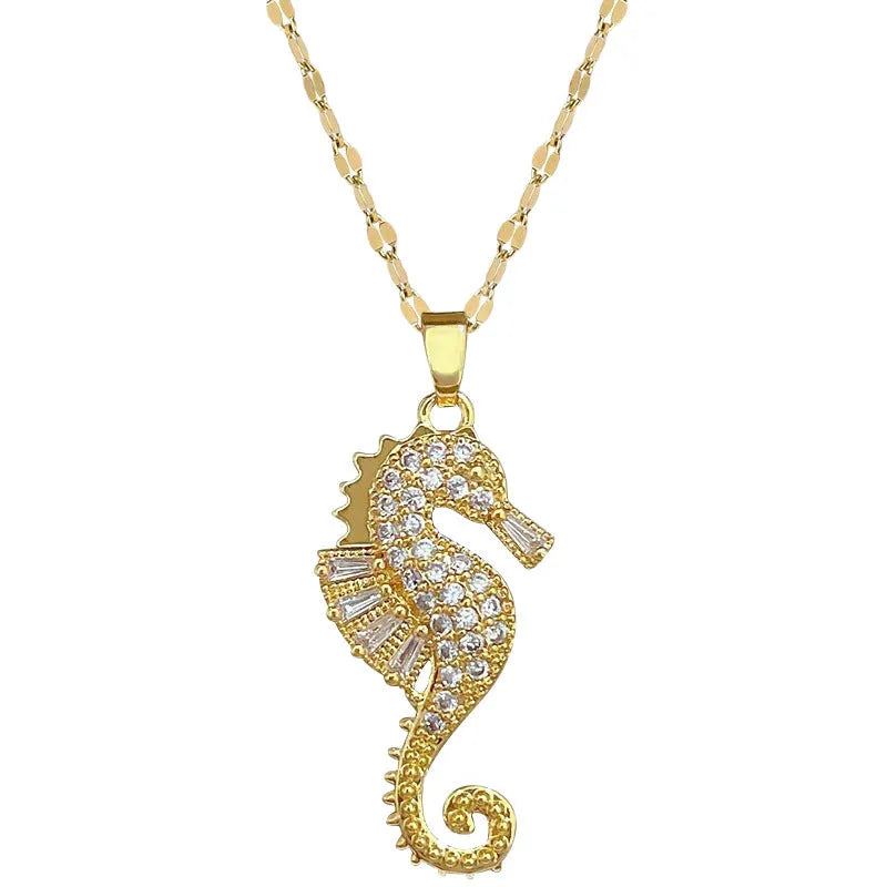 Gold seahorse pendant necklace with copper zircon charm and twisted titanium steel chain, 31-40cm