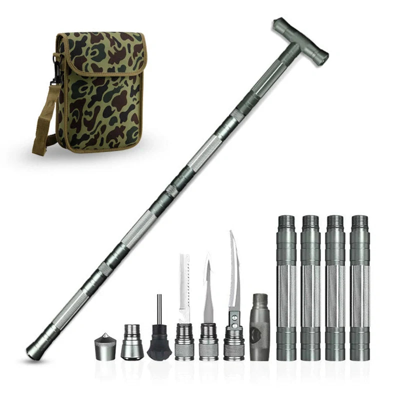 Black aluminium climbing pole with T-handle extended to 145cm beside camouflage storage bag