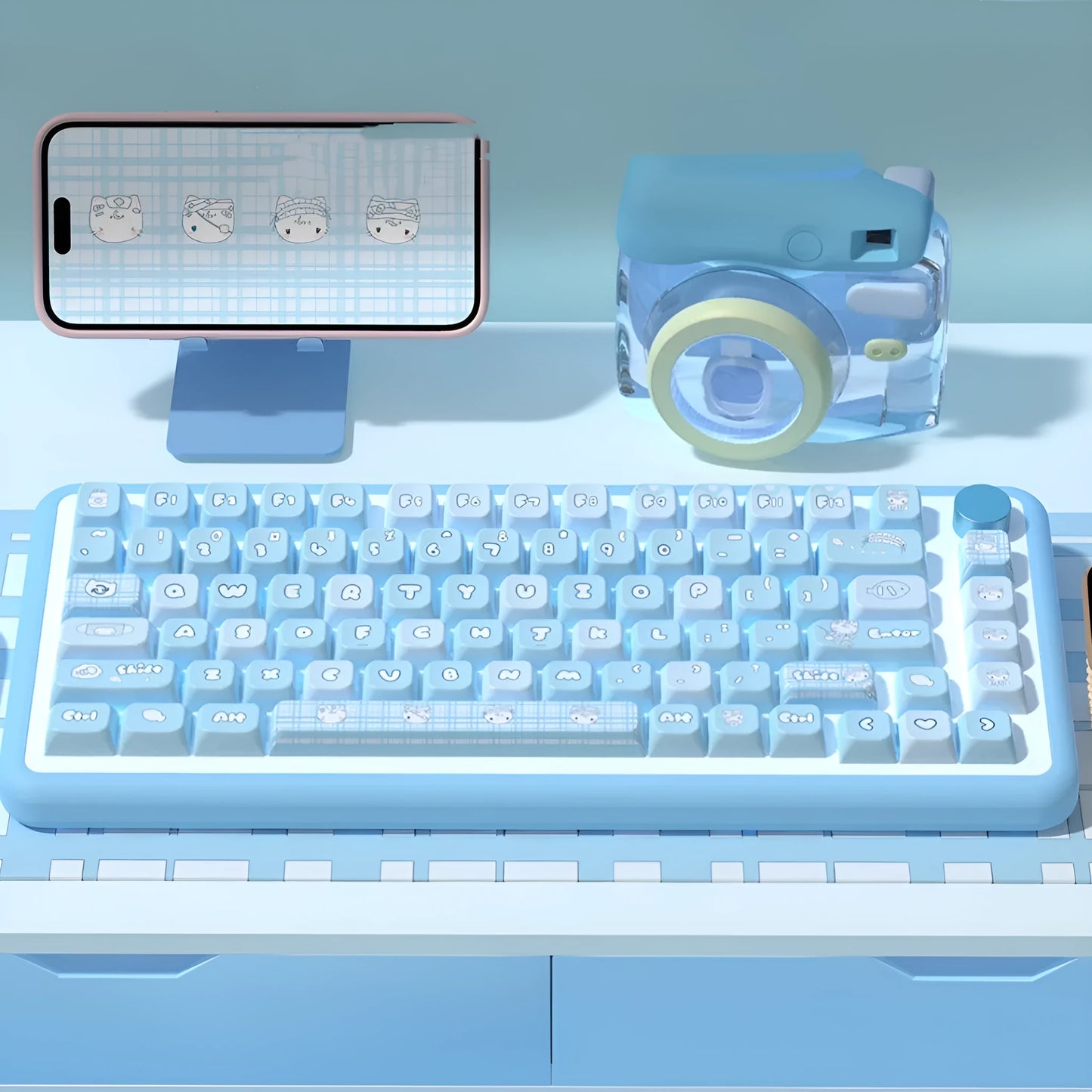 Watercolour cat design custom PBT keycaps for mechanical keyboards, showing full set with opaque legends.
