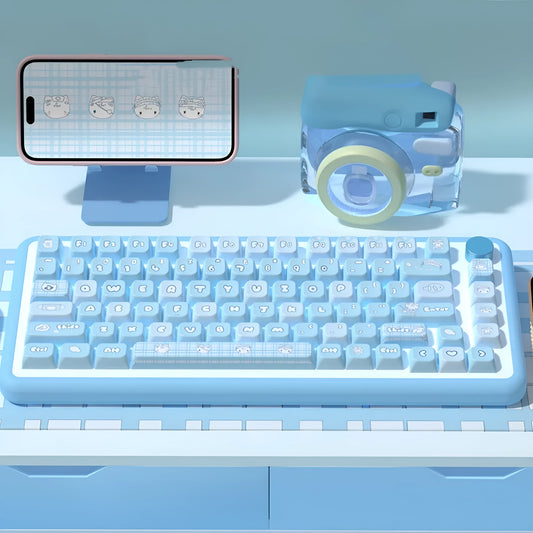 Custom watercolour cat design keycap set for mechanical keyboards, showing dye-sublimated artwork on PTB plastic.