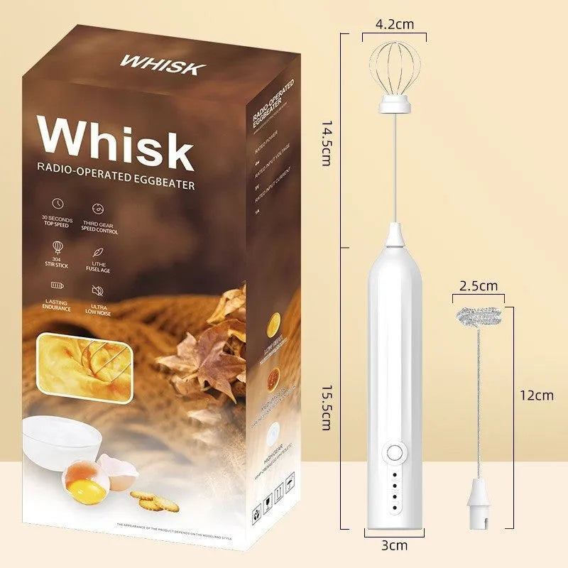 Mini handheld milk frother in black, white or khaki colour with stainless steel whisk and USB charging