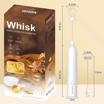 Mini handheld milk frother in black, white or khaki colour with stainless steel whisk and USB charging