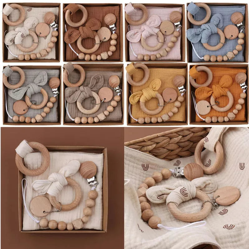 Natural cotton baby bath toy set with wooden rattle and comfort towel