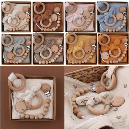 Natural cotton baby bath toy set with wooden rattle and comfort towel
