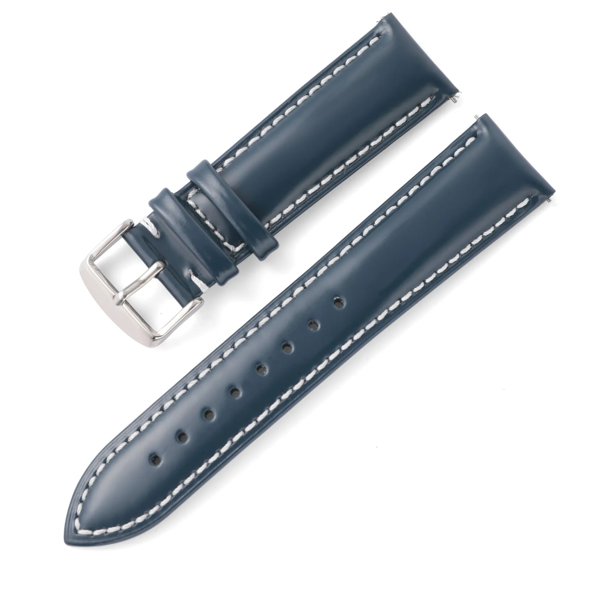 Quick release leather watch strap in bright cowhide, showing colour options and width sizes from 18mm to 22mm