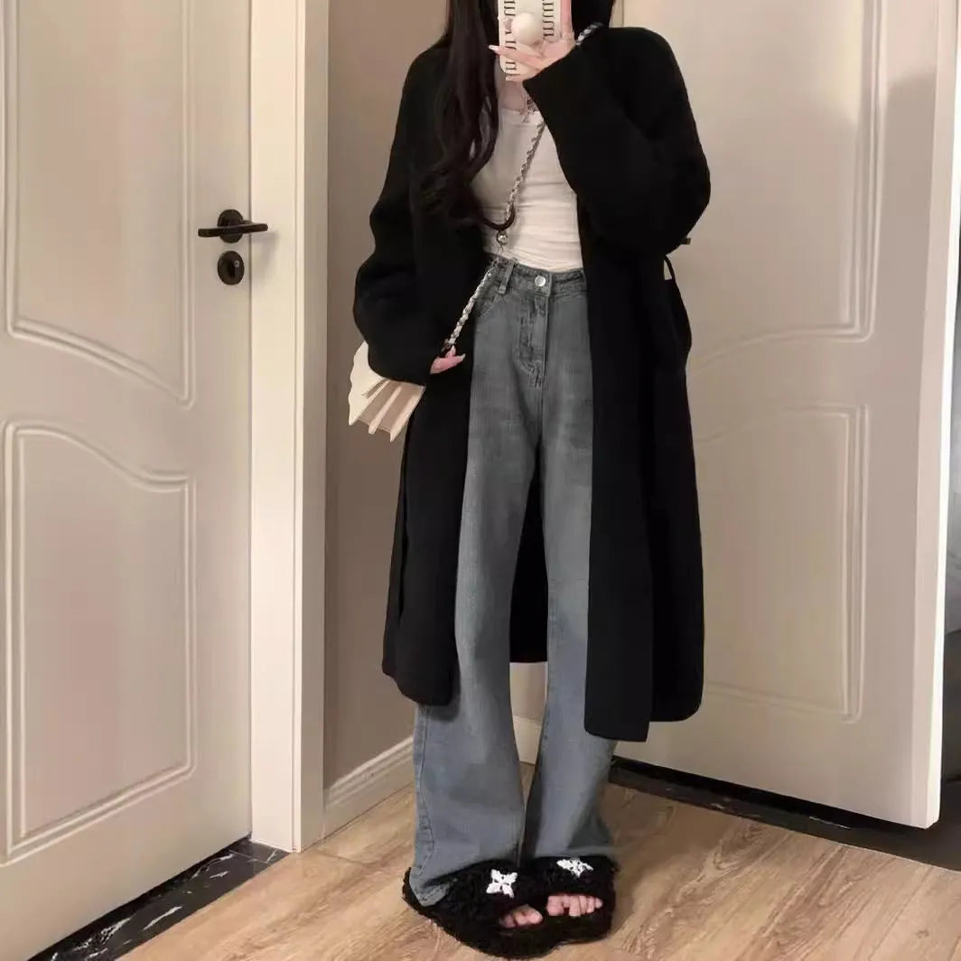 Women's knitted cardigan with V-neck, 65cm length, and loose fit in khaki colour