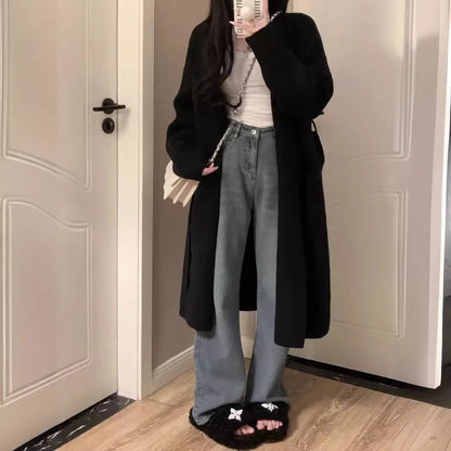 Women's knitted cardigan with V-neck, 65cm length, and loose fit in khaki colour