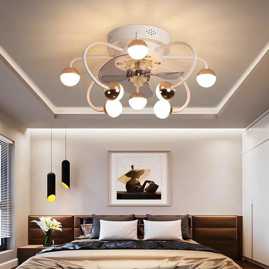 Ceiling fan light with metal blades and iron-plastic lampshade in coffee gold finish