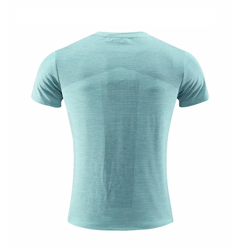 Close-up of a red polyester-spandex sports t-shirt on a hanger, showing the short sleeve and fabric texture.