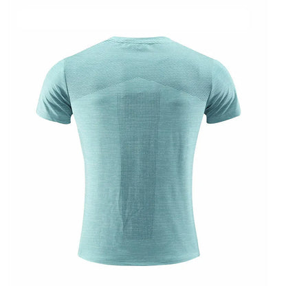 Close-up of a red polyester-spandex sports t-shirt on a hanger, showing the short sleeve and fabric texture.