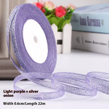 Polyester gift packaging bow ribbon showing 0.6cm width and colour options including gold leaf and metallic variations
