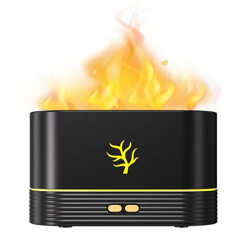White square USB flame humidifier and aroma diffuser showing realistic LED fire effect.