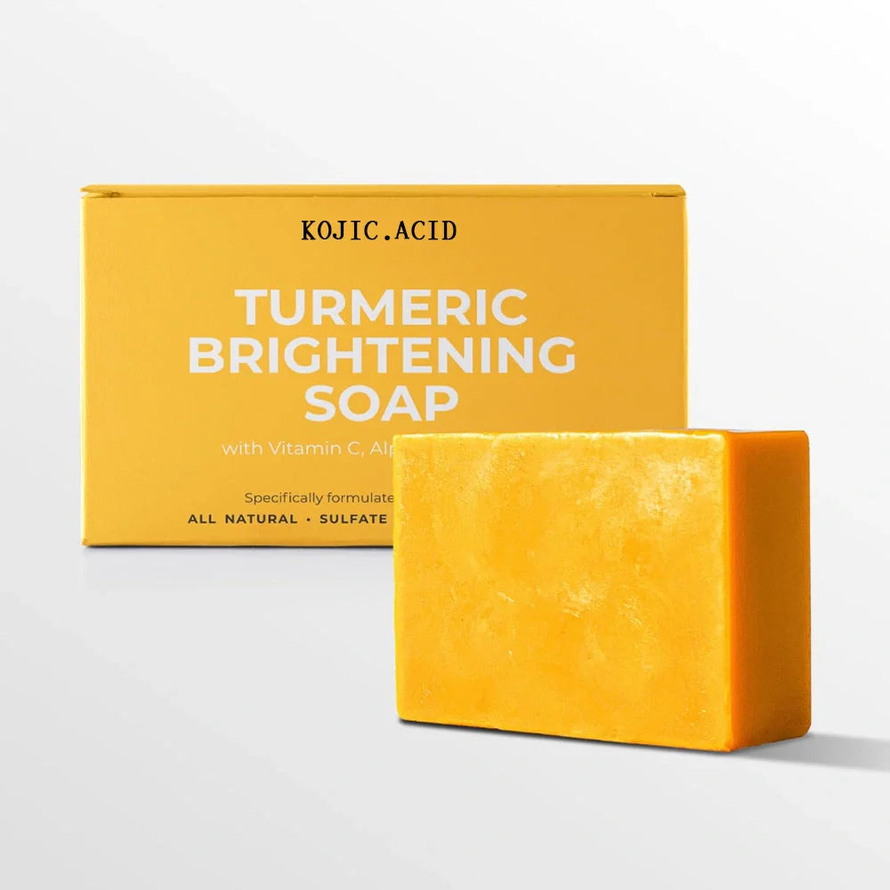 Natural Turmeric Kojic Soap for brightening and moisturizing skin, handmade with natural ingredients.