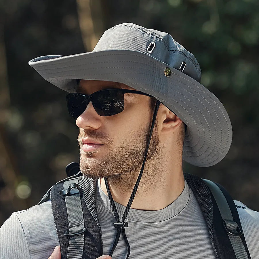Men's wide brim polyester sunshade hat with dome crown, 58-60cm adult free size, in black, khaki, dark grey, army green or navy blue.