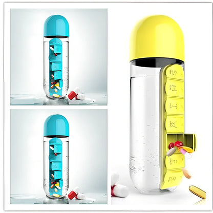 Two-in-one water cup with attached 7-day pill organiser showing daily compartments and screw-top lid