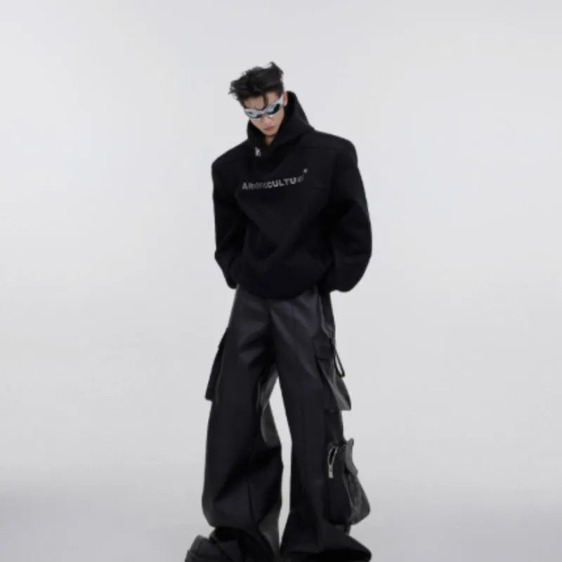 Men's red hooded sweater with heavy shoulder pads and raised metal printing details on front