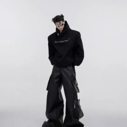 Men's red hooded sweater with heavy shoulder pads and raised metal printing details on front
