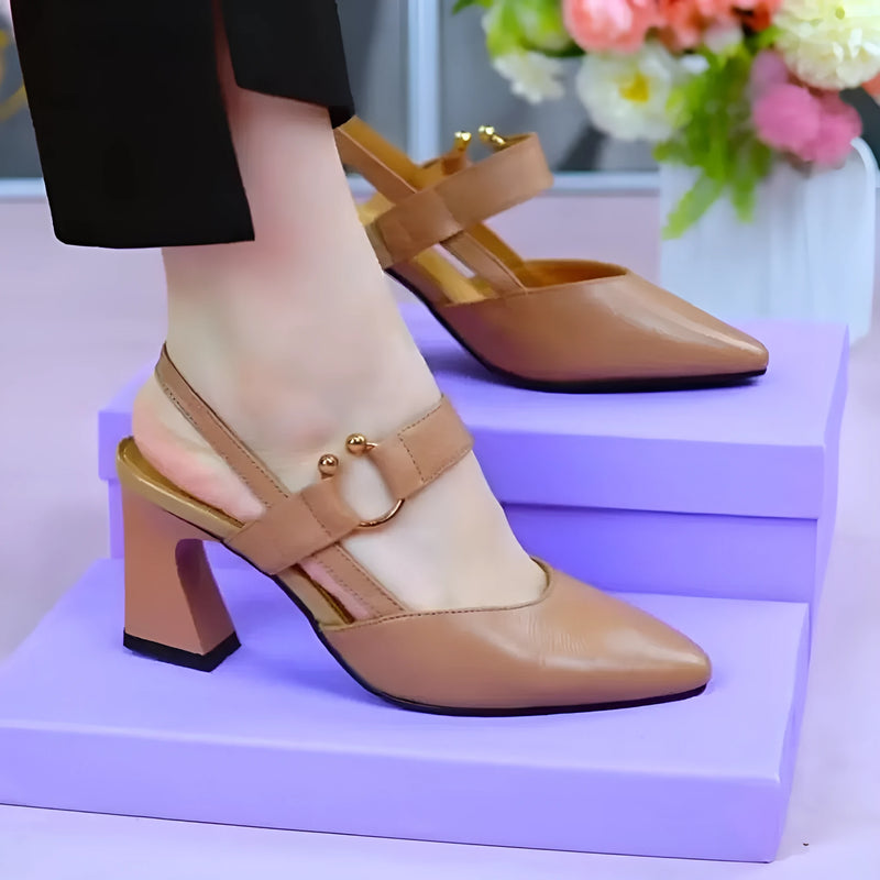 Closed toe back empty leather chunky heel sandals for women: pigskin-lined high-heeled shoes with rubber soles in sizes 35-41, available in black, milky white, and apricot colours