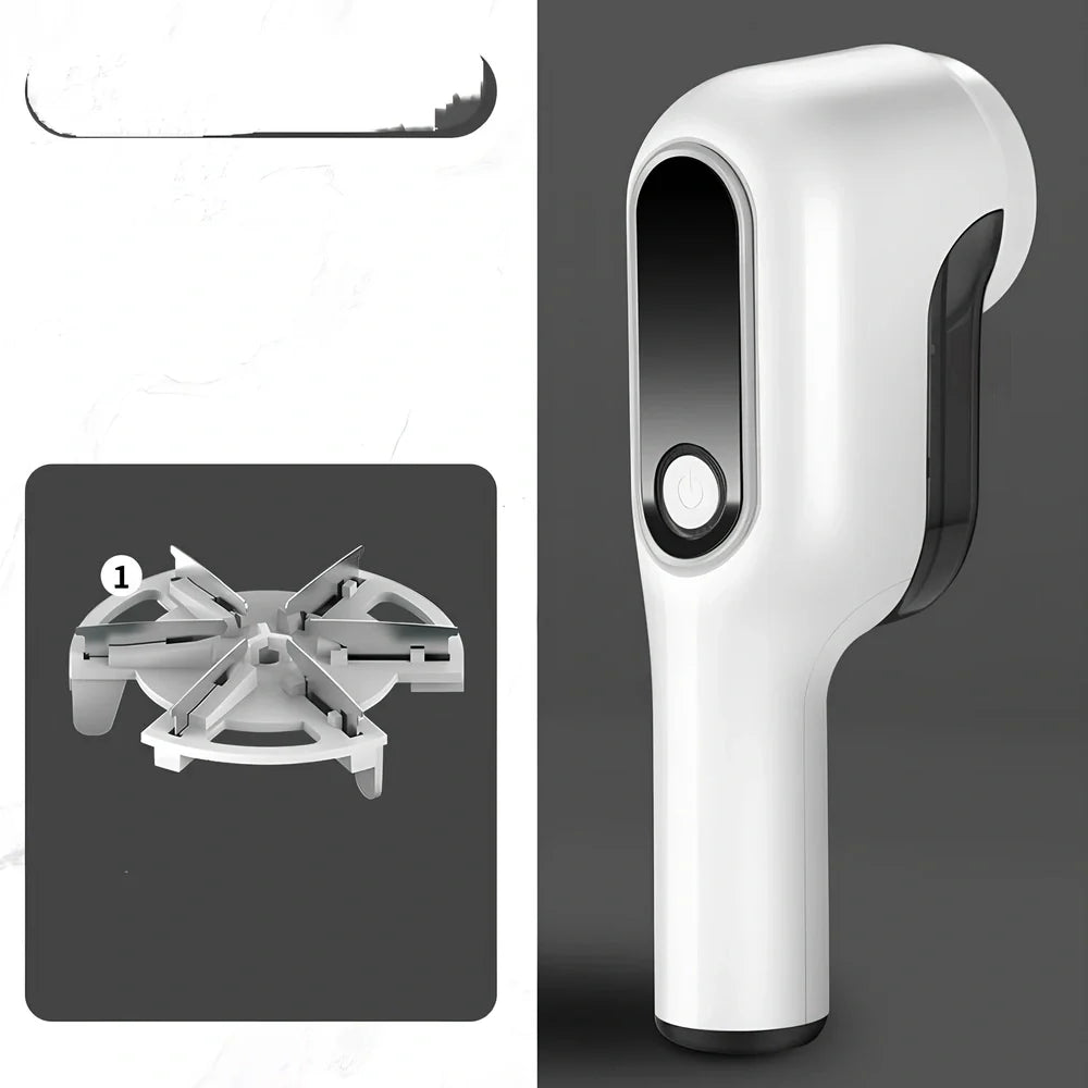 Rechargeable green lint trimmer removing fabric balls from wool jumper, digital display showing speed, 15 cm size with spare blades