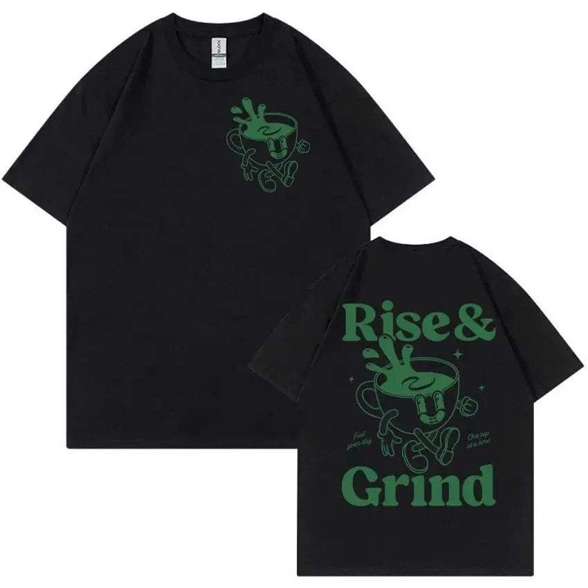 Man wearing a loose linen t-shirt with a printed Rise And Grind Green Coffee cartoon illustration.