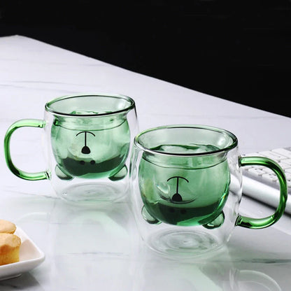 Creative Bear Double Coffee Milk Glass Cup for Kids in four colors: transparent, pink, lake green, and amber