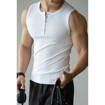 Men's black stretch fitness vest with a sunken stripe texture and straight hem