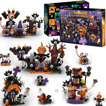 Halloween building blocks set showing six themed designs including handbag and lollipop shapes in colour box packaging