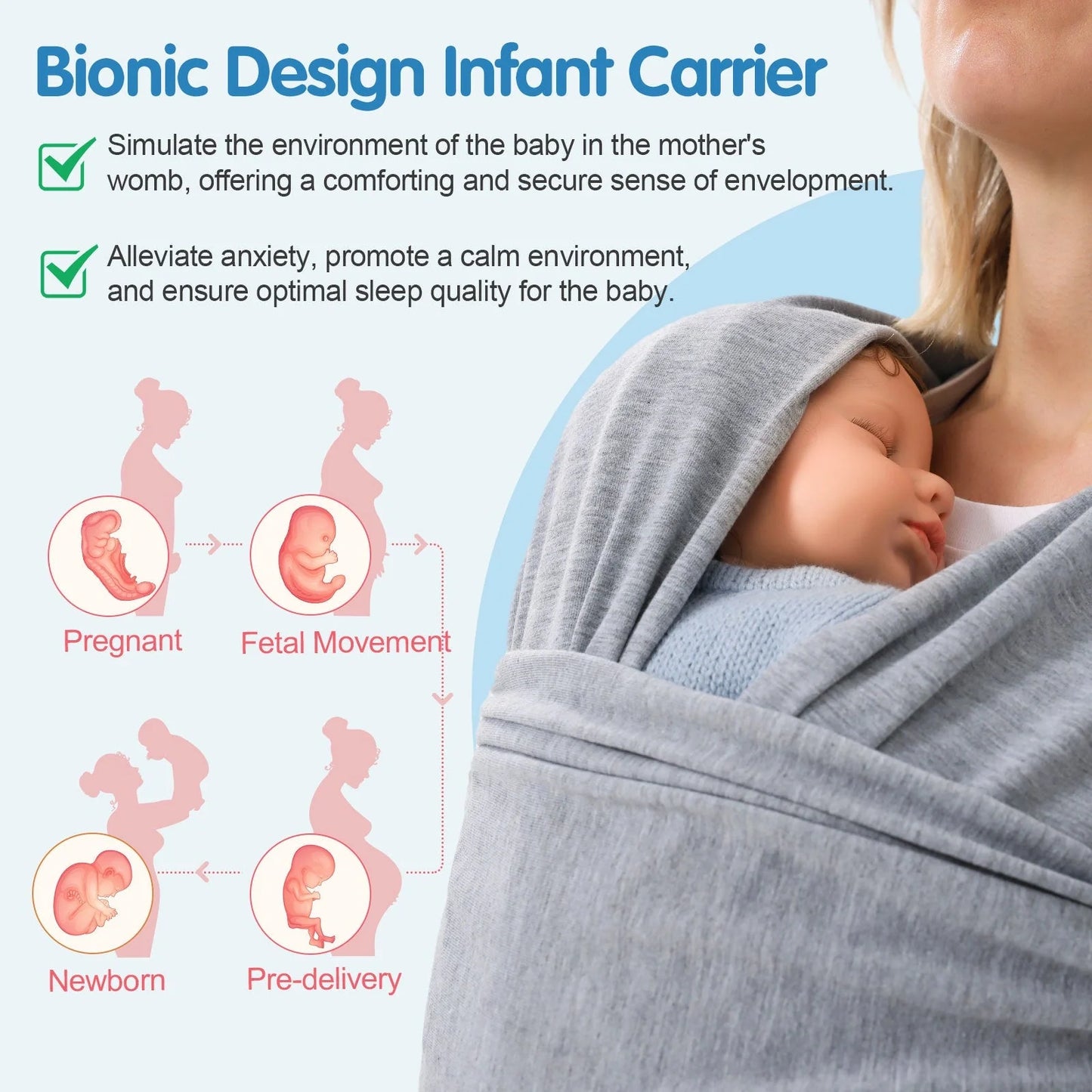 Multi-functional baby carrier wrap in various colors for front and back carrying