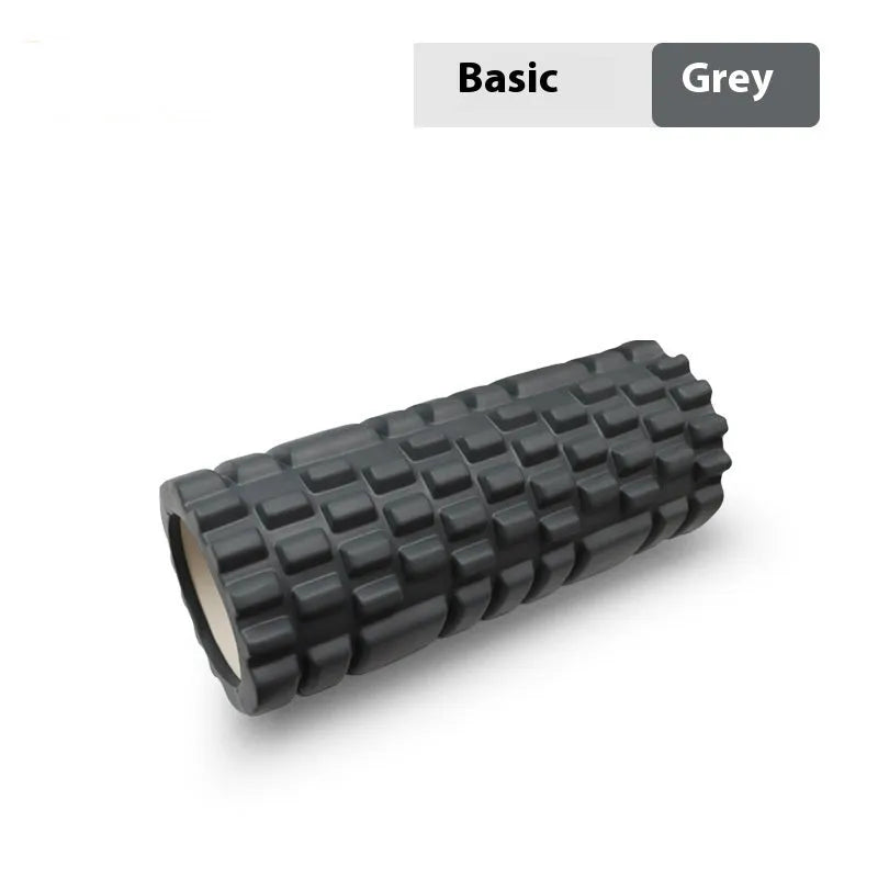 EVA foam roller in black, grey, pink, sky blue, or light purple, showing cylindrical shape for fitness recovery