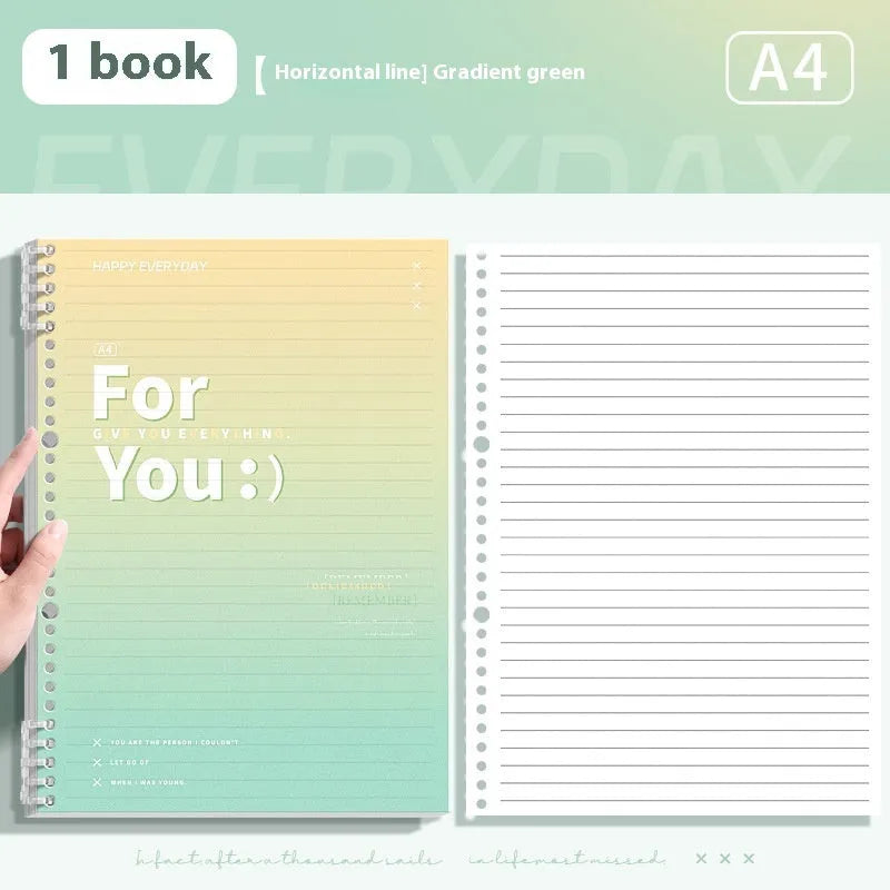 Removable coil gradient notebook in blue with PP cover and wood-free paper, showing coil binding mechanism