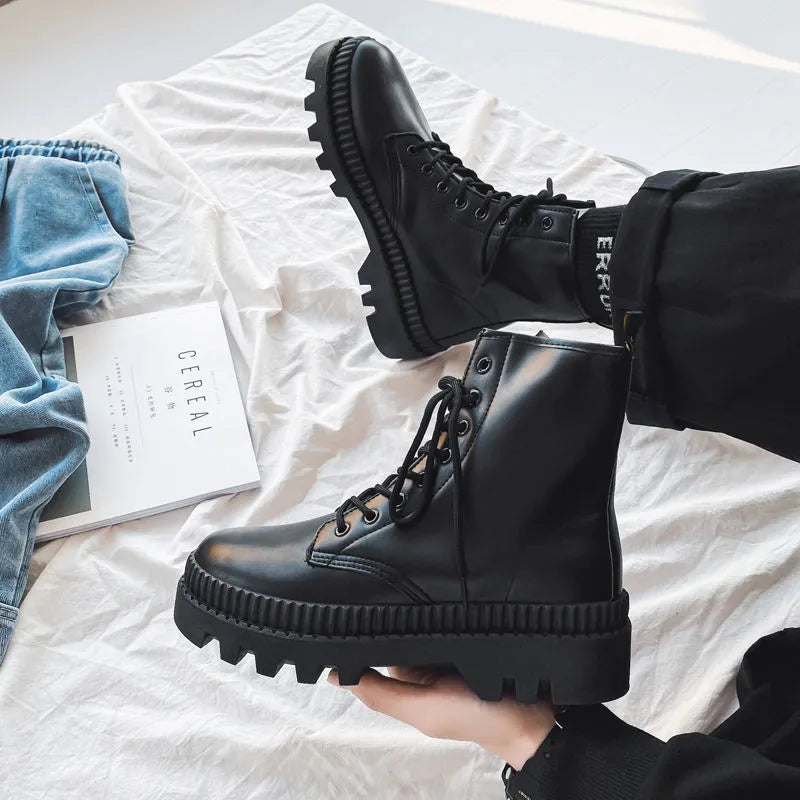 Men's black platform Doc Martens boots with zipper, high top 8-hole design, and frosted cowhide leather