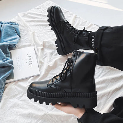 Men's black platform Doc Martens boots with zipper, high top 8-hole design, and frosted cowhide leather