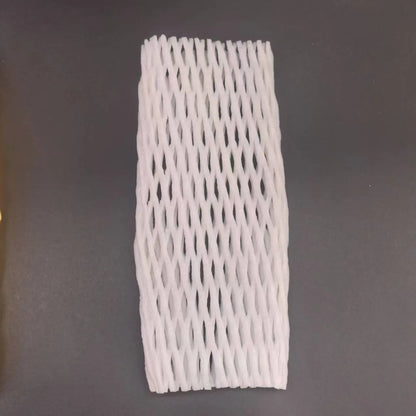 A white foam protective net sleeve stretched open, showing its simple tubular construction.