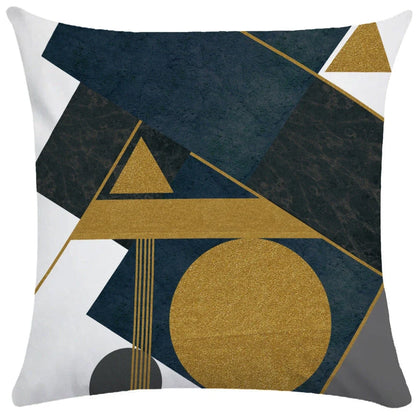Geometric pattern throw pillow on office sofa showing 45x45cm size with plush fabric texture