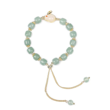 Rabbit charm bracelet with natural gemstone beads in green aventurine or strawberry quartz options