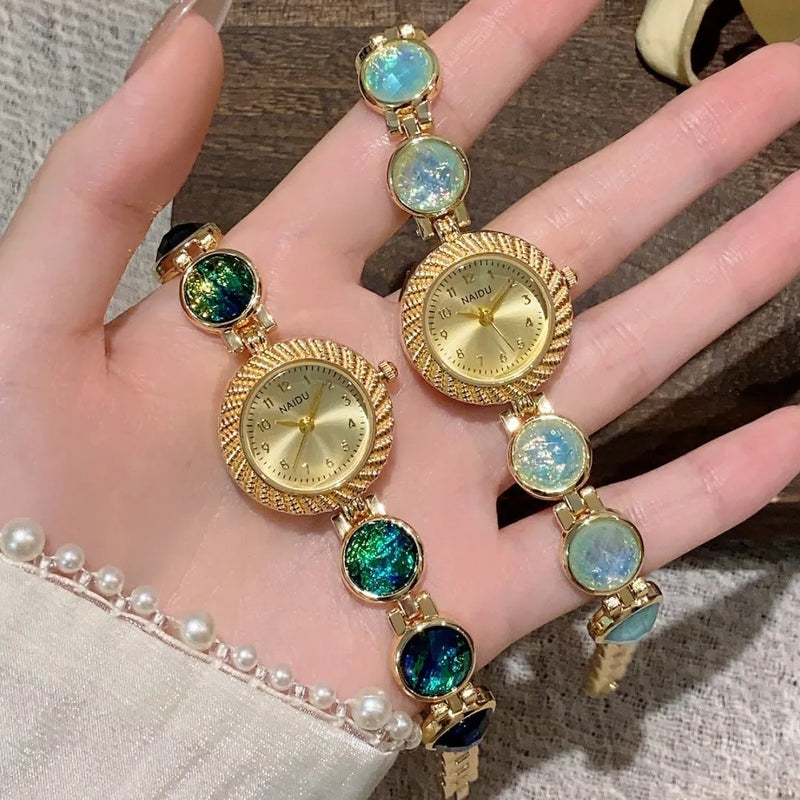 Women's quartz watch with zinc alloy case and round 25mm dial, available in milky white, dark green, purple, light green, cherry pink, and orange pink colour options, featuring a spiral crown and ordinary glass mirror.