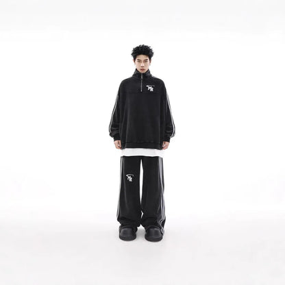 Black stand collar couple sweater with Hong Kong style design and polyester fibre construction