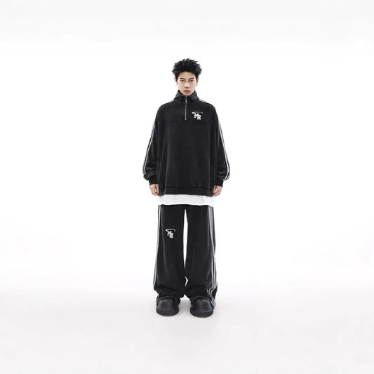 Black stand collar couple sweater with Hong Kong style design and polyester fibre construction