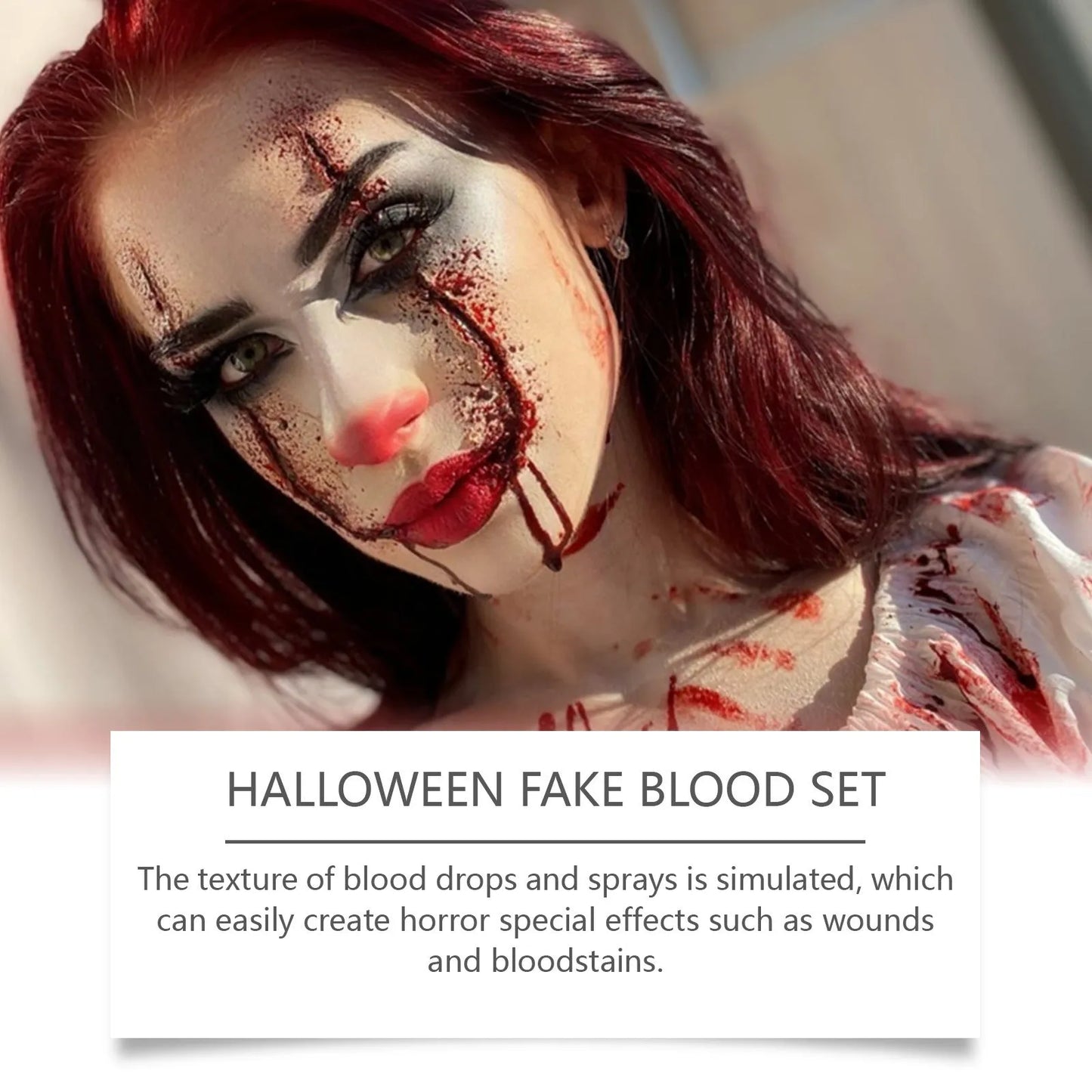 3-piece washable fake blood set with plasma drops, plasma spray, and surface soap for horror special effects makeup