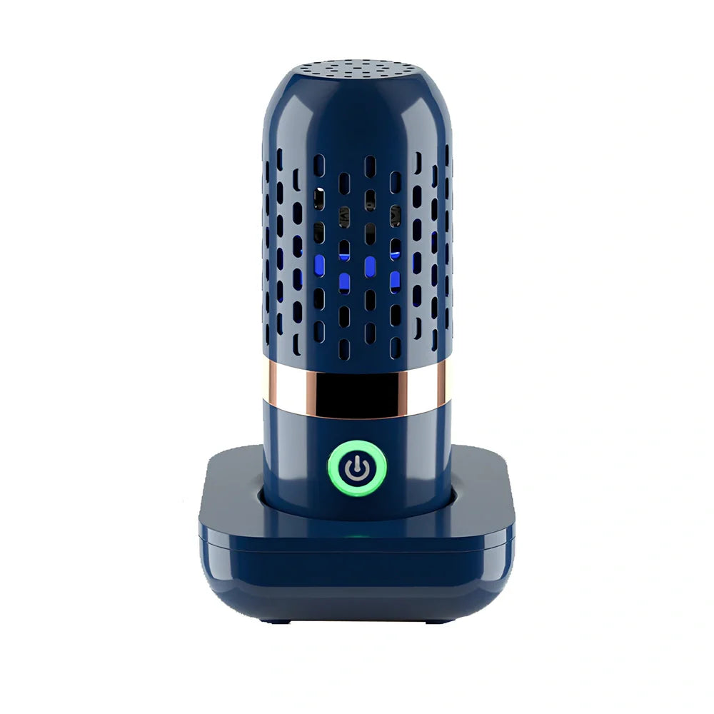 Blue capsule fruit and vegetable cleaner with charger, shows 3000mAh battery capacity