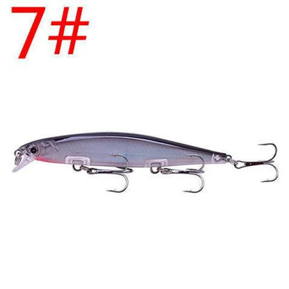 11cm submerged minnow fishing lure with slow-sink tossing action, shown in one of eight available colours.
