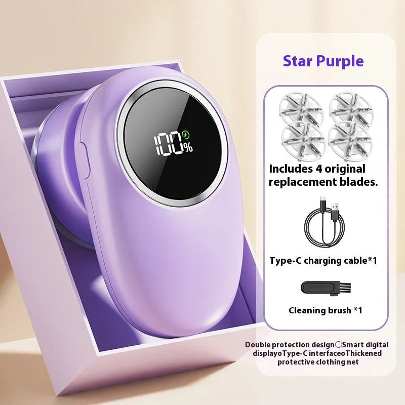 Fur ball trimmer with digital display in beige or purple colours with configurable cutter heads