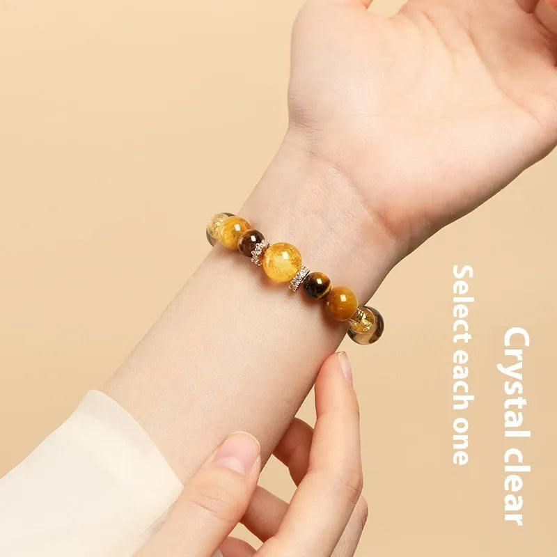 Natural tiger-eye crystal bracelet with yellow tower pattern in geometric design