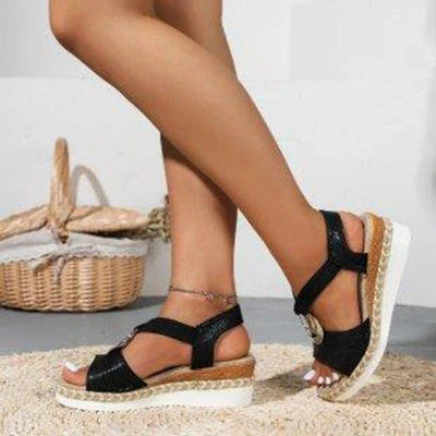 Women's Peep Toe Serpentine Wedges Sandals with unique circle design in various colors
