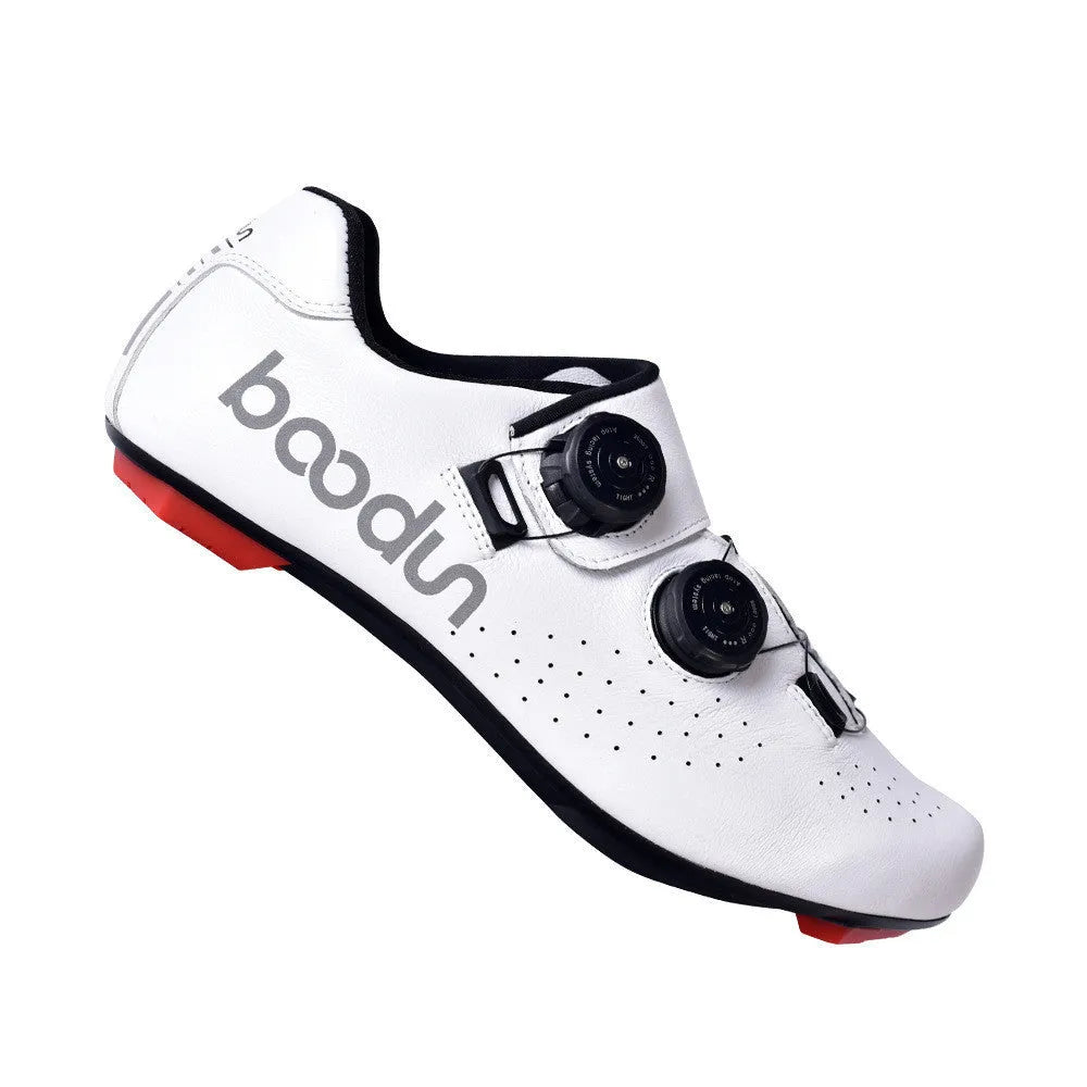 White cowhide leather cycling shoes with shock-absorbing non-slip design, sizes 39-45
